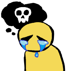 An emoji yelllow figure crying with a black thought bubble that has a skull in it.